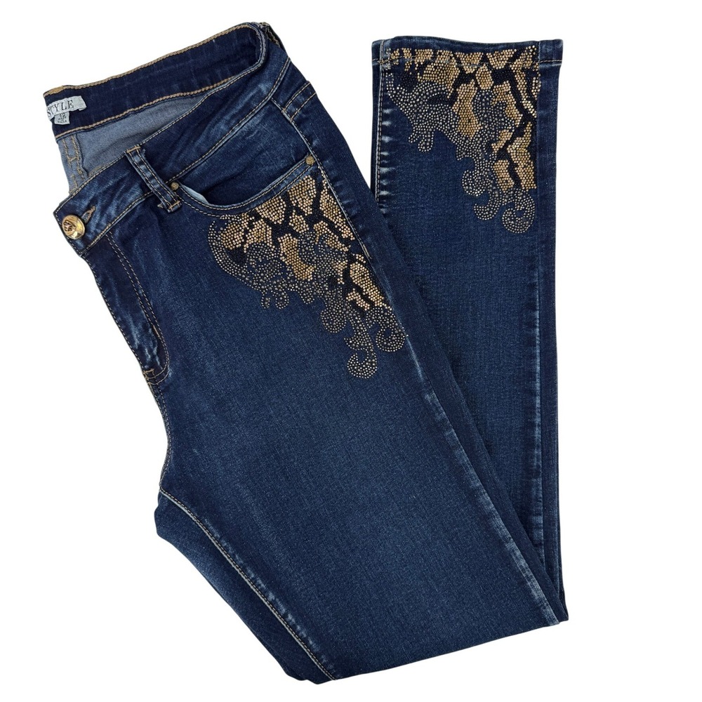 Style Women Dark Wash Embellished Rhinestone‎ Jeans Streetwear Grunge